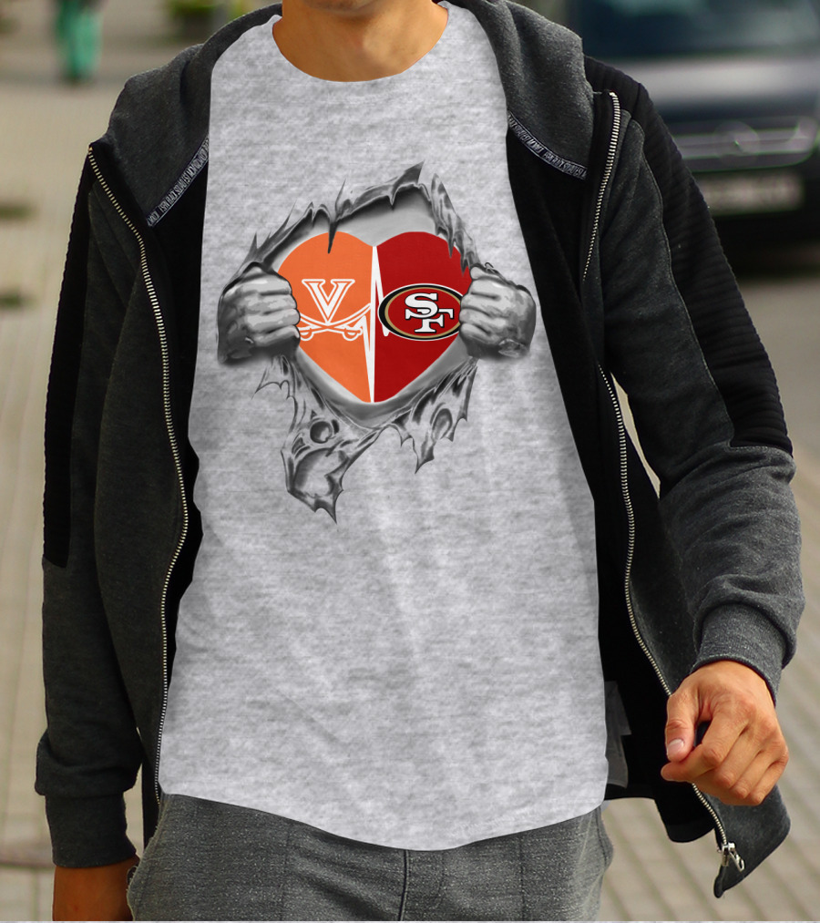 49Ers Cavaliers Heart With San Francisco And Virginia Logos Peeking Through Ripped Fabric T-Shirt
