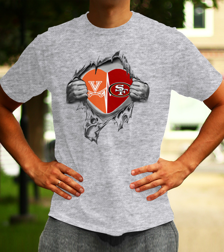 49Ers Cavaliers Heart With San Francisco And Virginia Logos Peeking Through Ripped Fabric T-Shirt