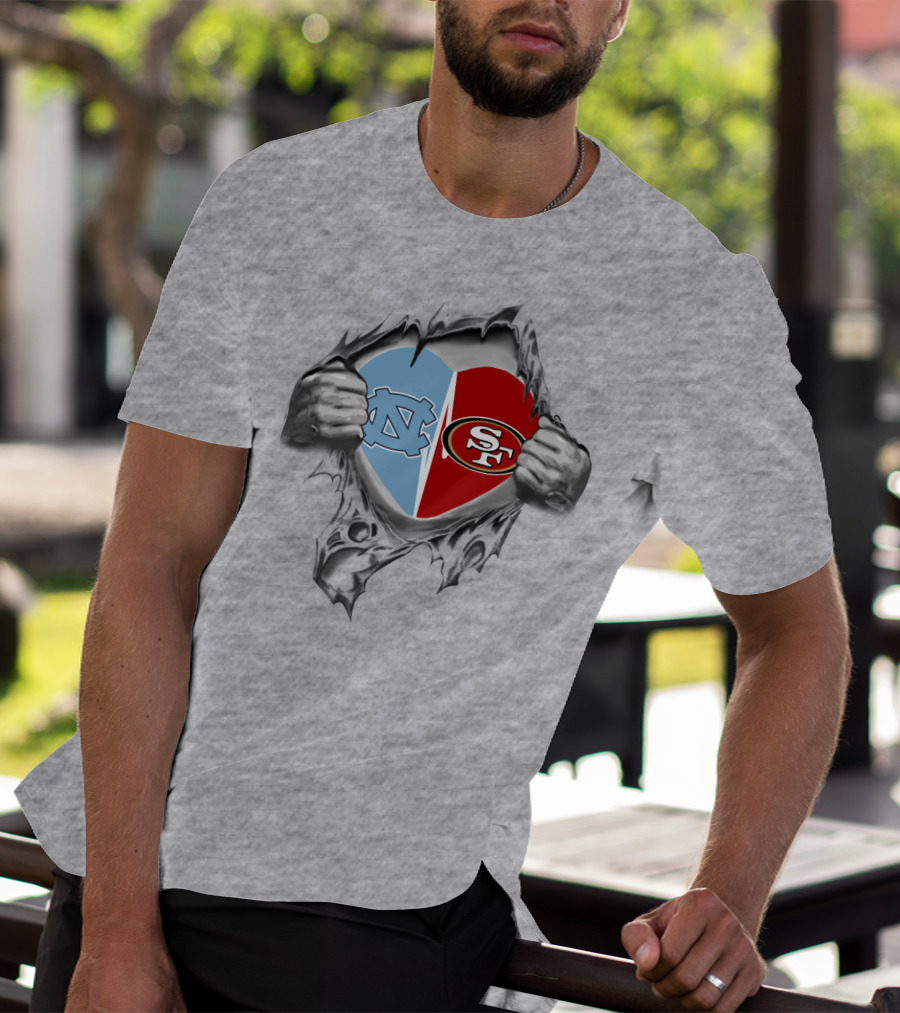49Ers Tar Heels San Francisco UNC Heart Torn Fabric T-Shirt