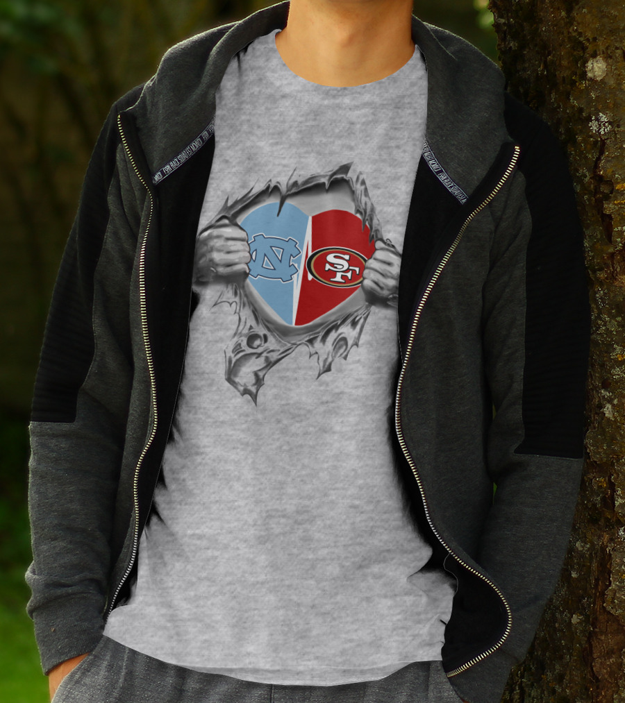 49Ers Tar Heels San Francisco UNC Heart Torn Fabric T-Shirt