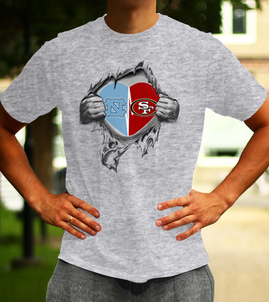 49Ers Tar Heels San Francisco UNC Heart Torn Fabric T-Shirt