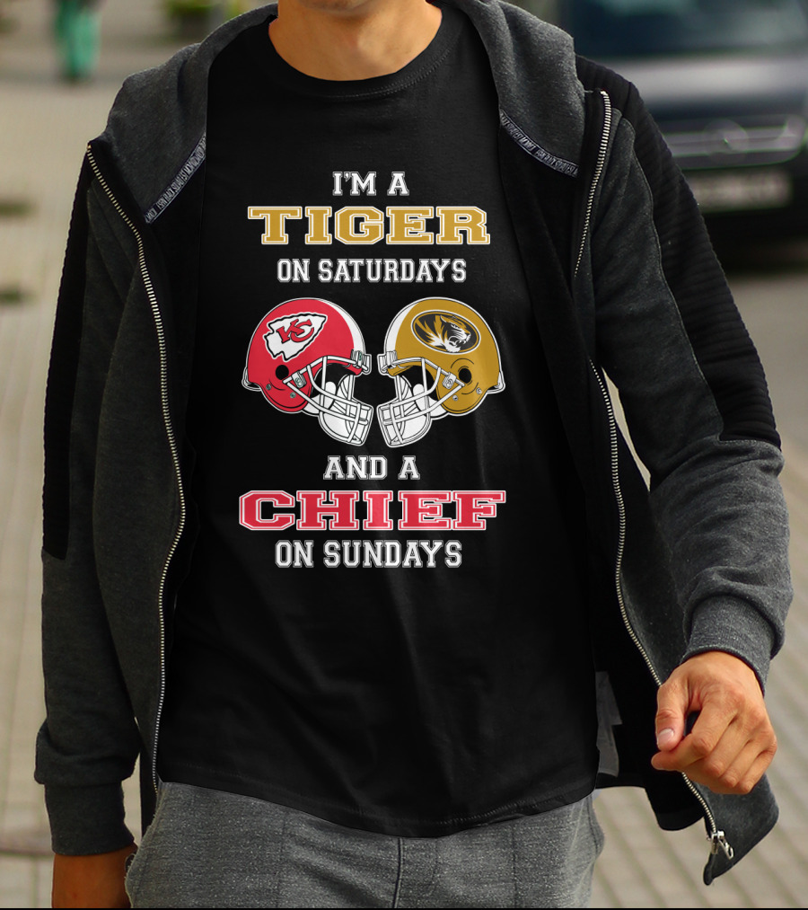 I'm A Tiger On Saturdays And A Chief On Sundays Missouri Kansas City Football Helmets T-Shirt