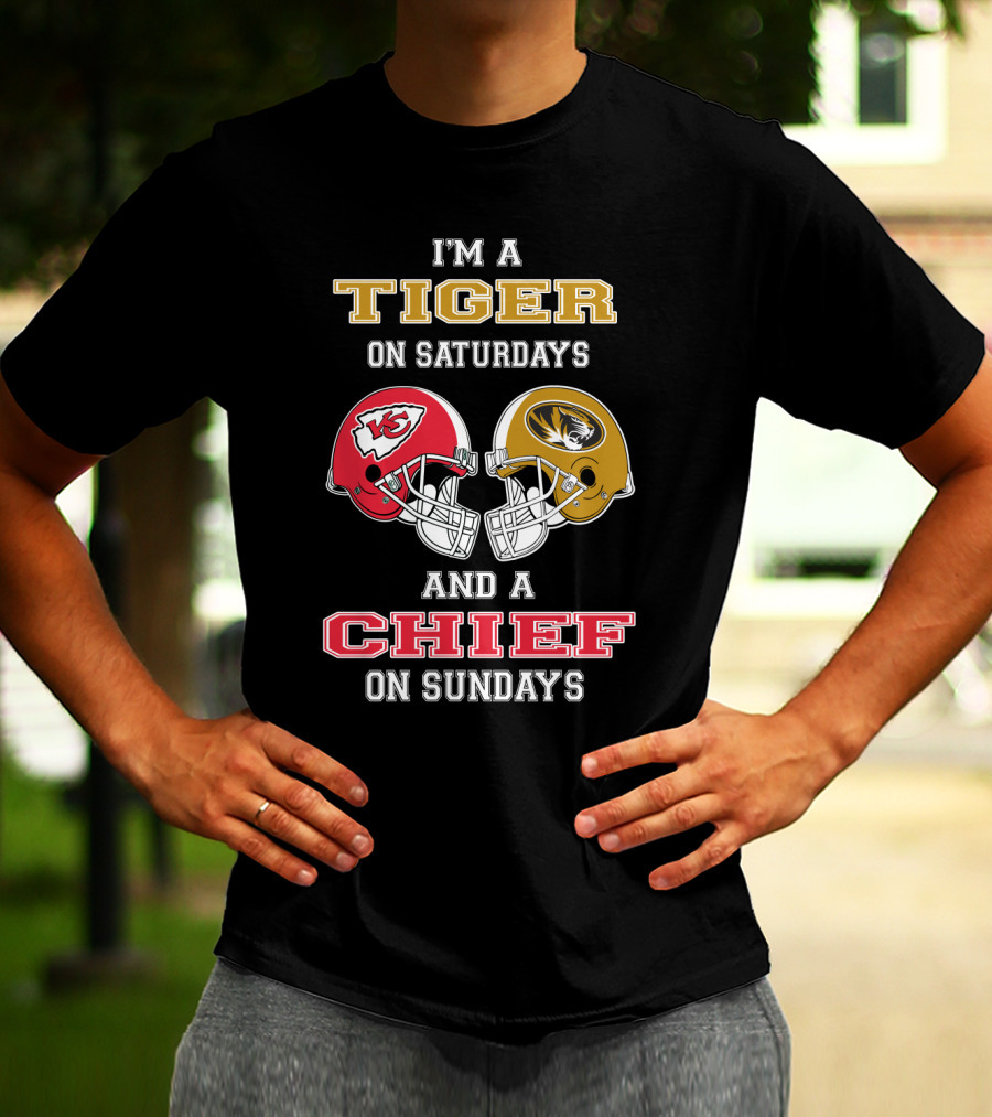 I'm A Tiger On Saturdays And A Chief On Sundays Missouri Kansas City Football Helmets T-Shirt