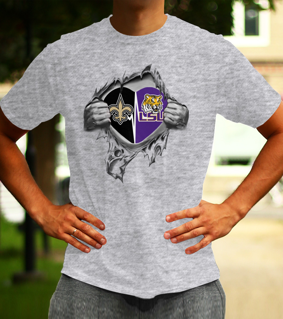 Saints And LSU Heart Logo Design With Fleur-de-Lis And Tiger Emblem T-Shirt