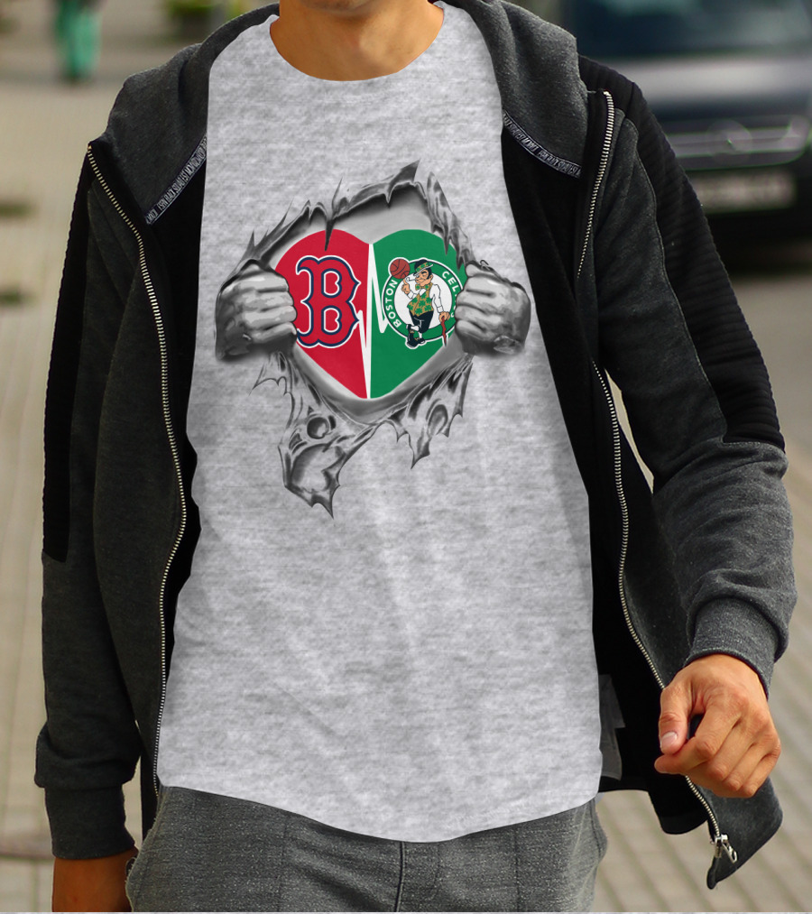 Red Sox Celtics Boston Pride Heart Torn Open Logo Fusion T-Shirt