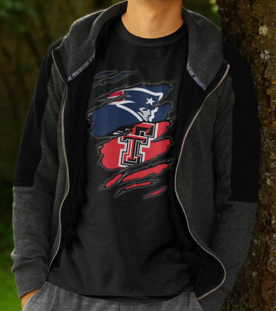 Patriots And Texas Tech Dual Logo Ripped T-Shirt