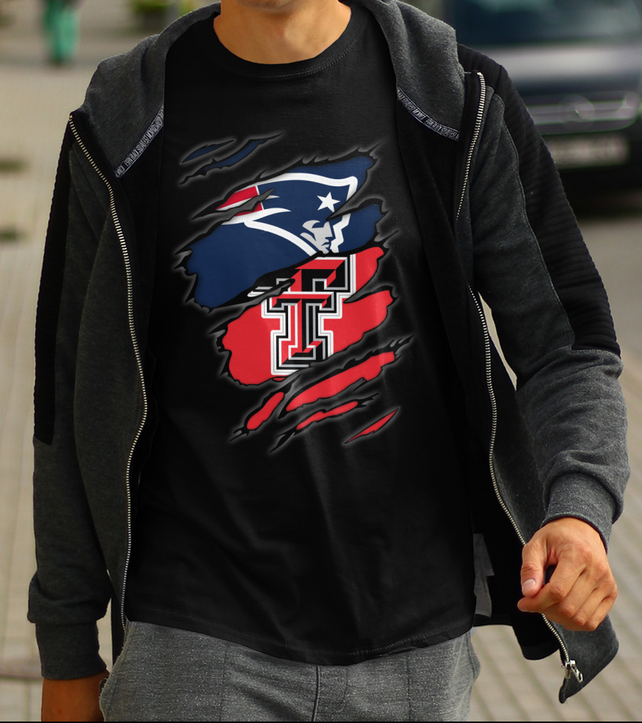 Patriots And Texas Tech Dual Logo Ripped T-Shirt