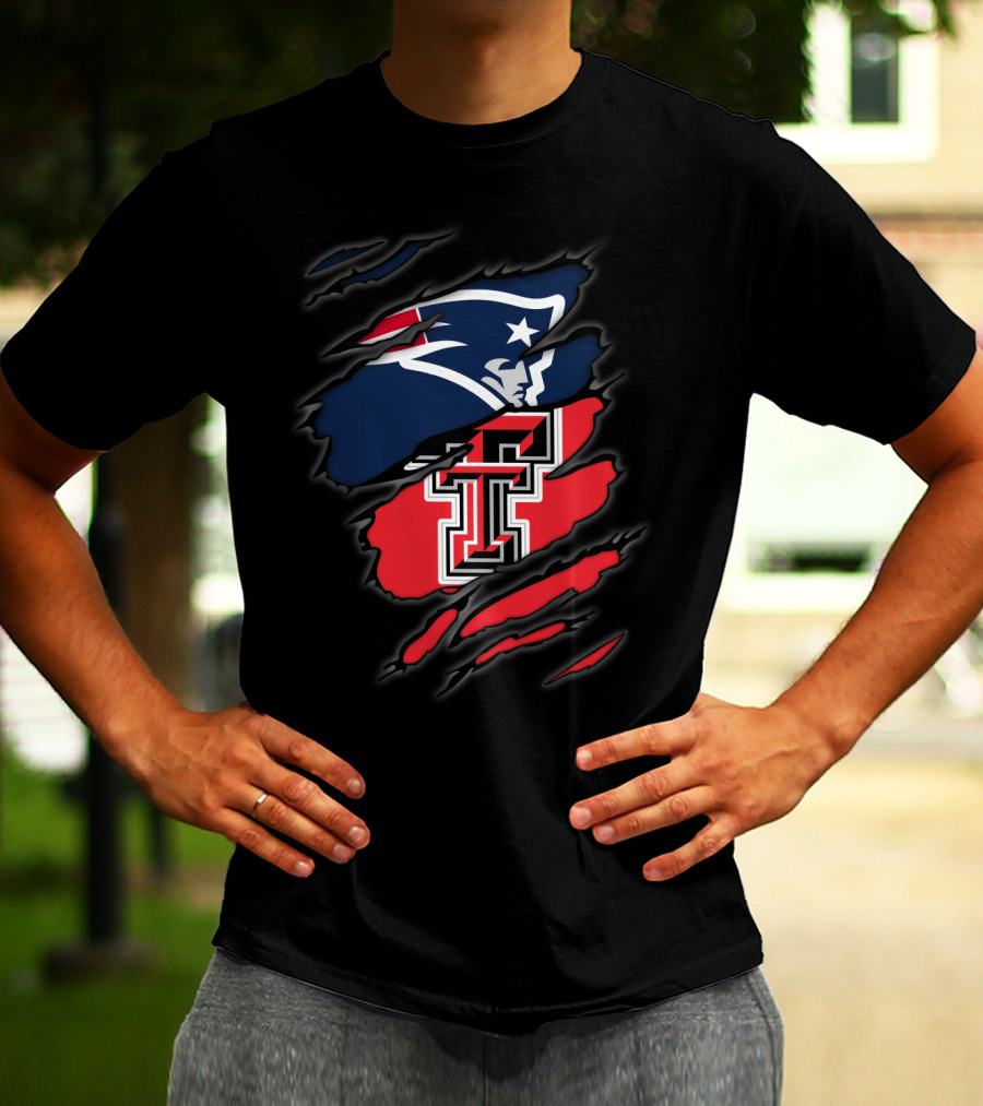 Patriots And Texas Tech Dual Logo Ripped T-Shirt