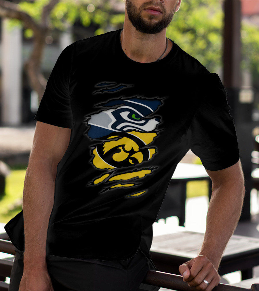 Seahawks And Iowa Hawkeyes Logos In Torn Ripped Style T-Shirt