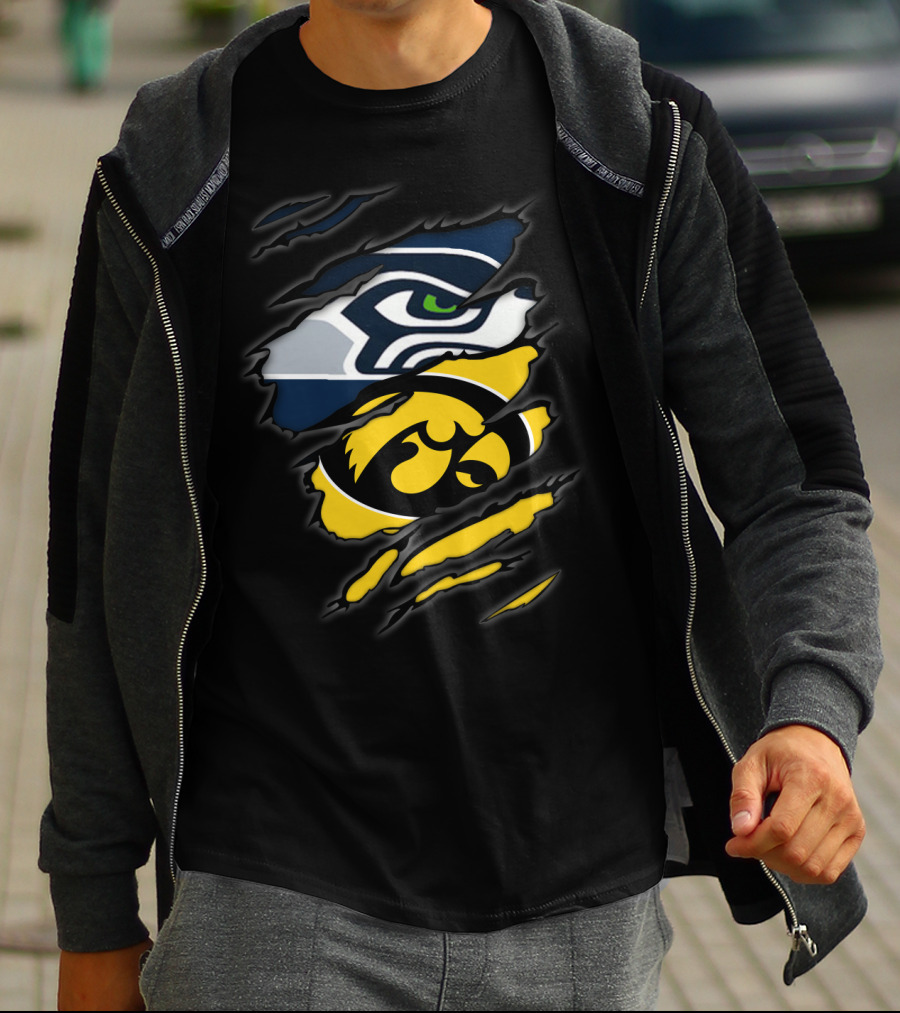 Seahawks And Iowa Hawkeyes Logos In Torn Ripped Style T-Shirt