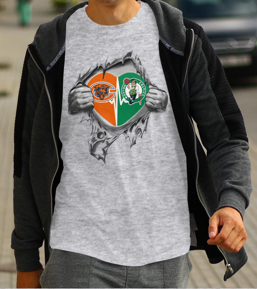 Bears Celtics Heart Logo With Hands Ripping Split Heart T-Shirt