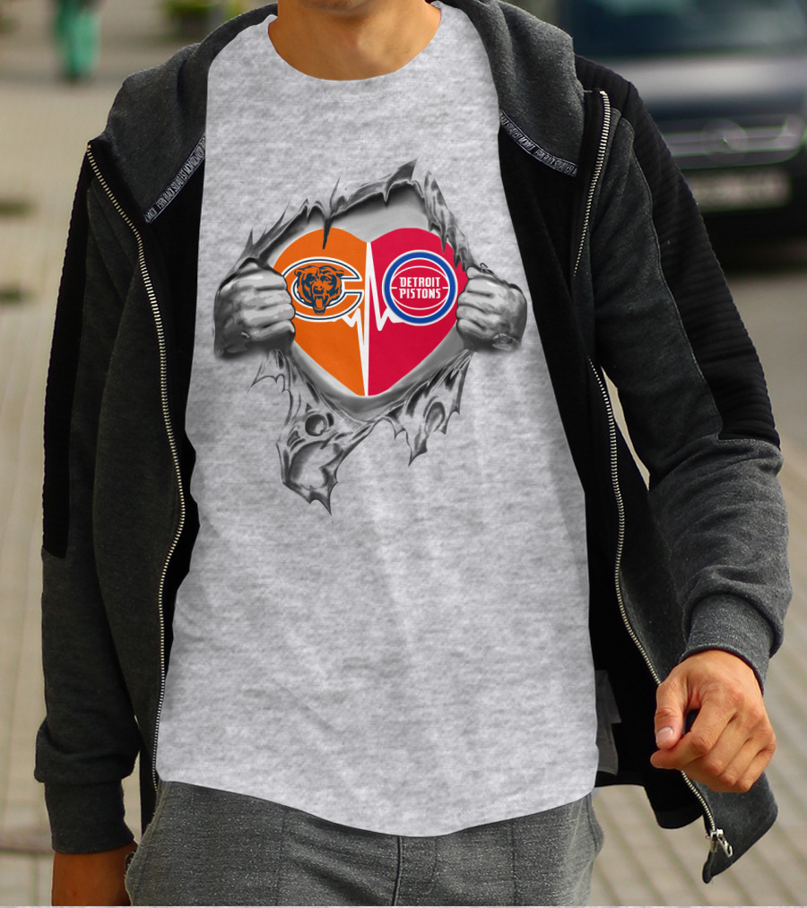 Chicago Bears Detroit Pistons Heart Logo Fusion T-Shirt