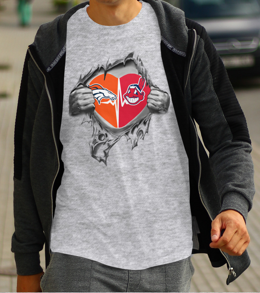 Broncos Indians Heart With Split Logo Elements T-Shirt
