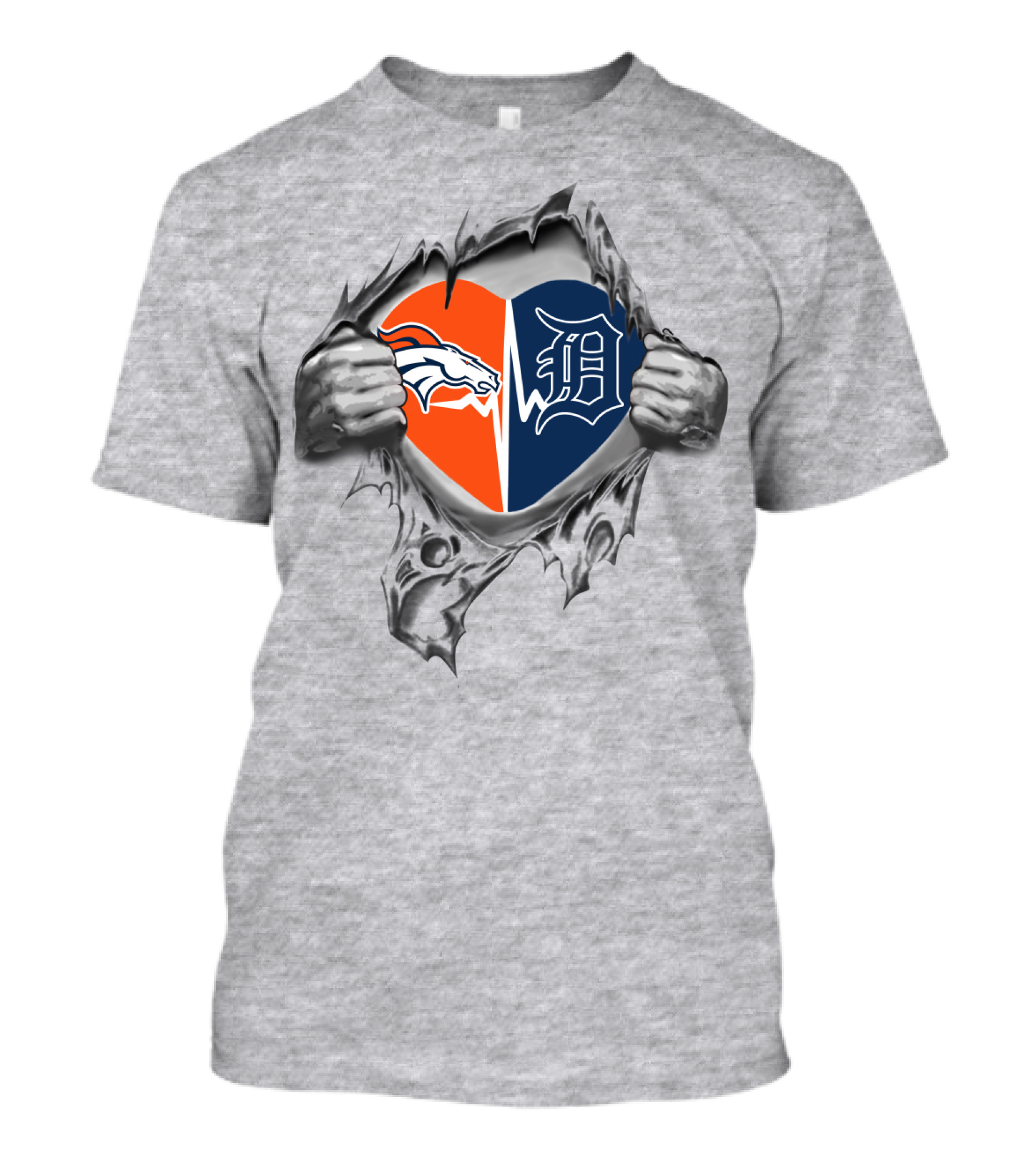 Broncos Tigers Heart Emblem With Hands Ripping Open T-Shirt