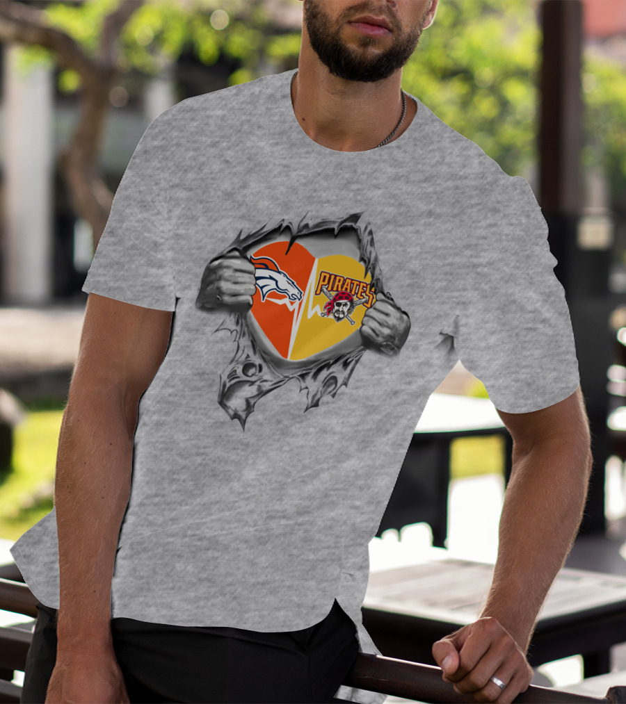 Broncos Pirates Heart Torn Loyalty Sports Fans Dual Team T-Shirt