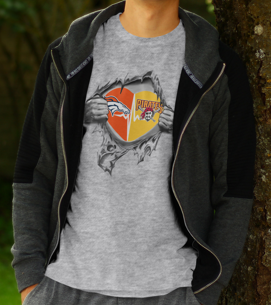 Broncos Pirates Heart Torn Loyalty Sports Fans Dual Team T-Shirt