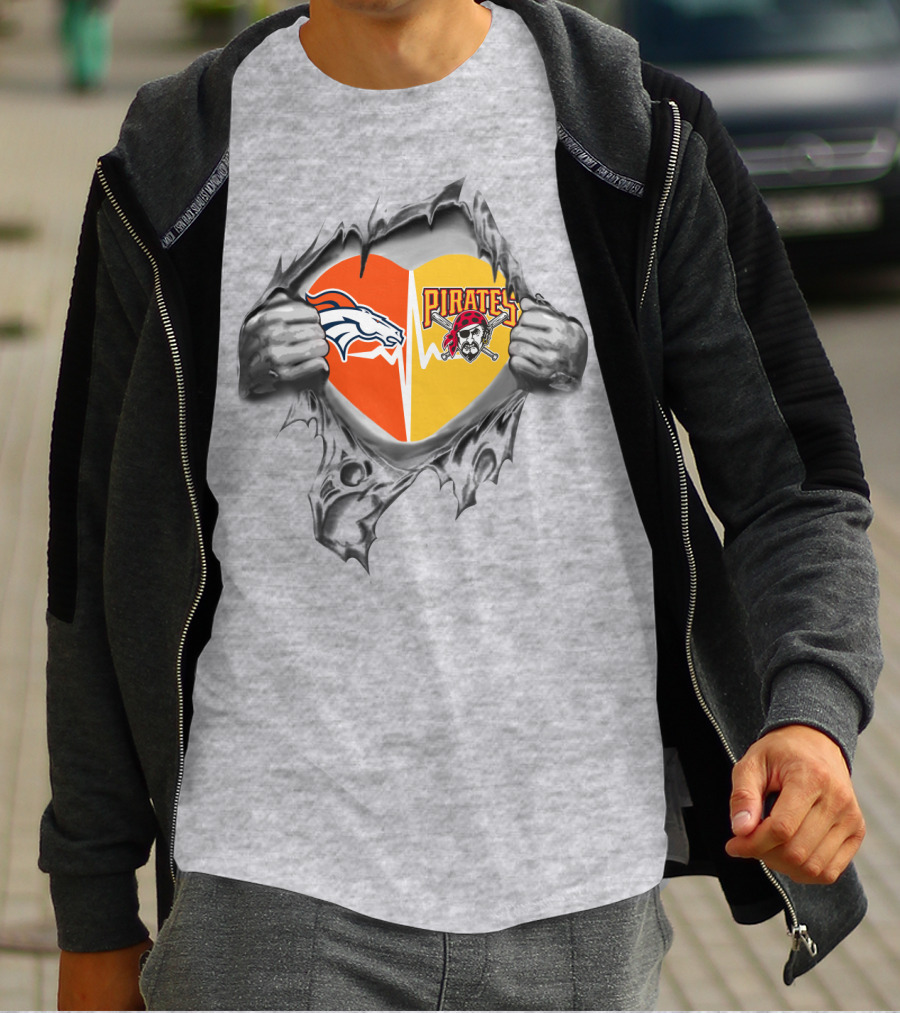 Broncos Pirates Heart Torn Loyalty Sports Fans Dual Team T-Shirt