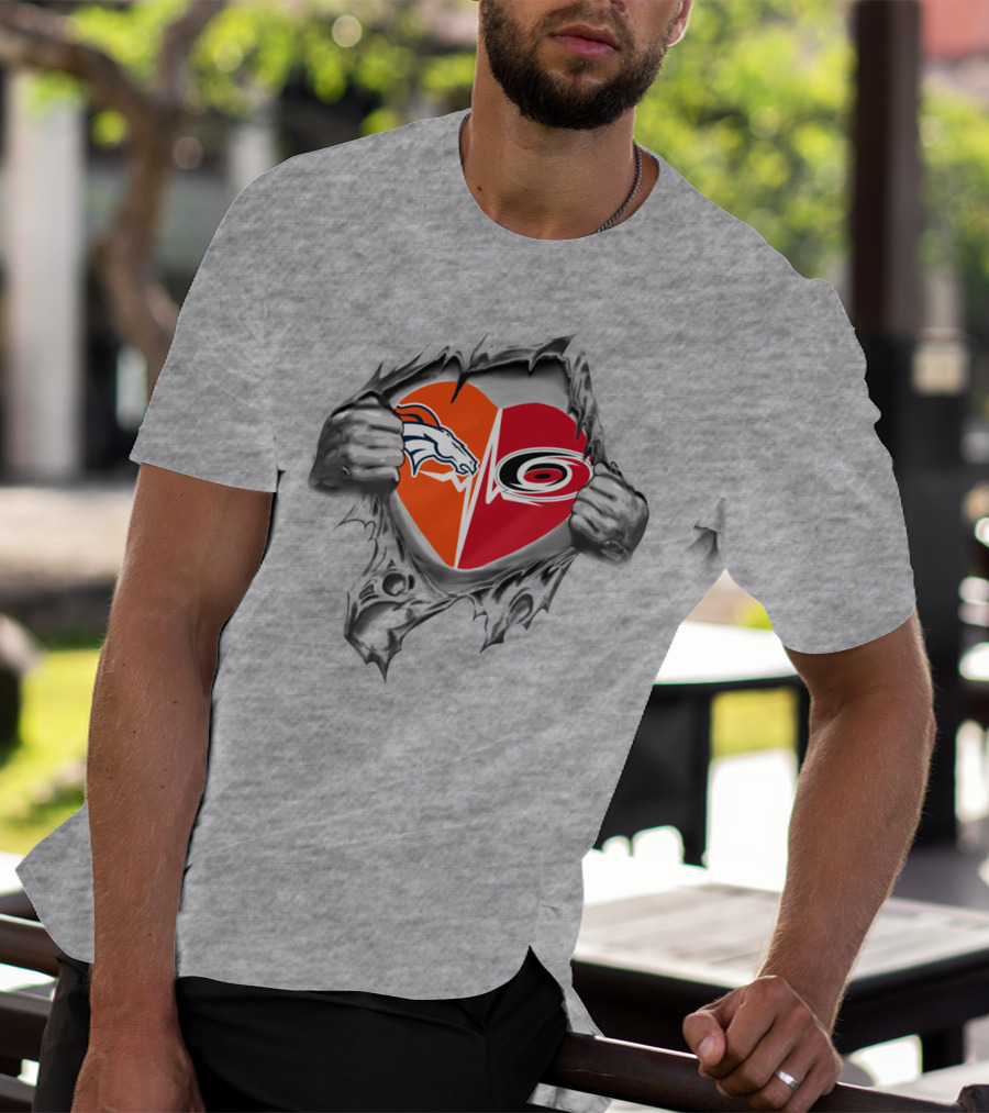 Broncos Hurricanes Heart Rip Through Design With Logos T-Shirt