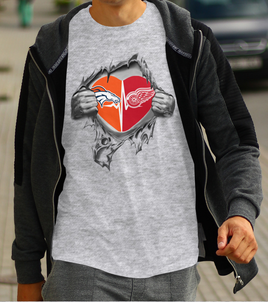 Broncos Red Wings Heart Graphic With Logos In Silver Hands T-Shirt