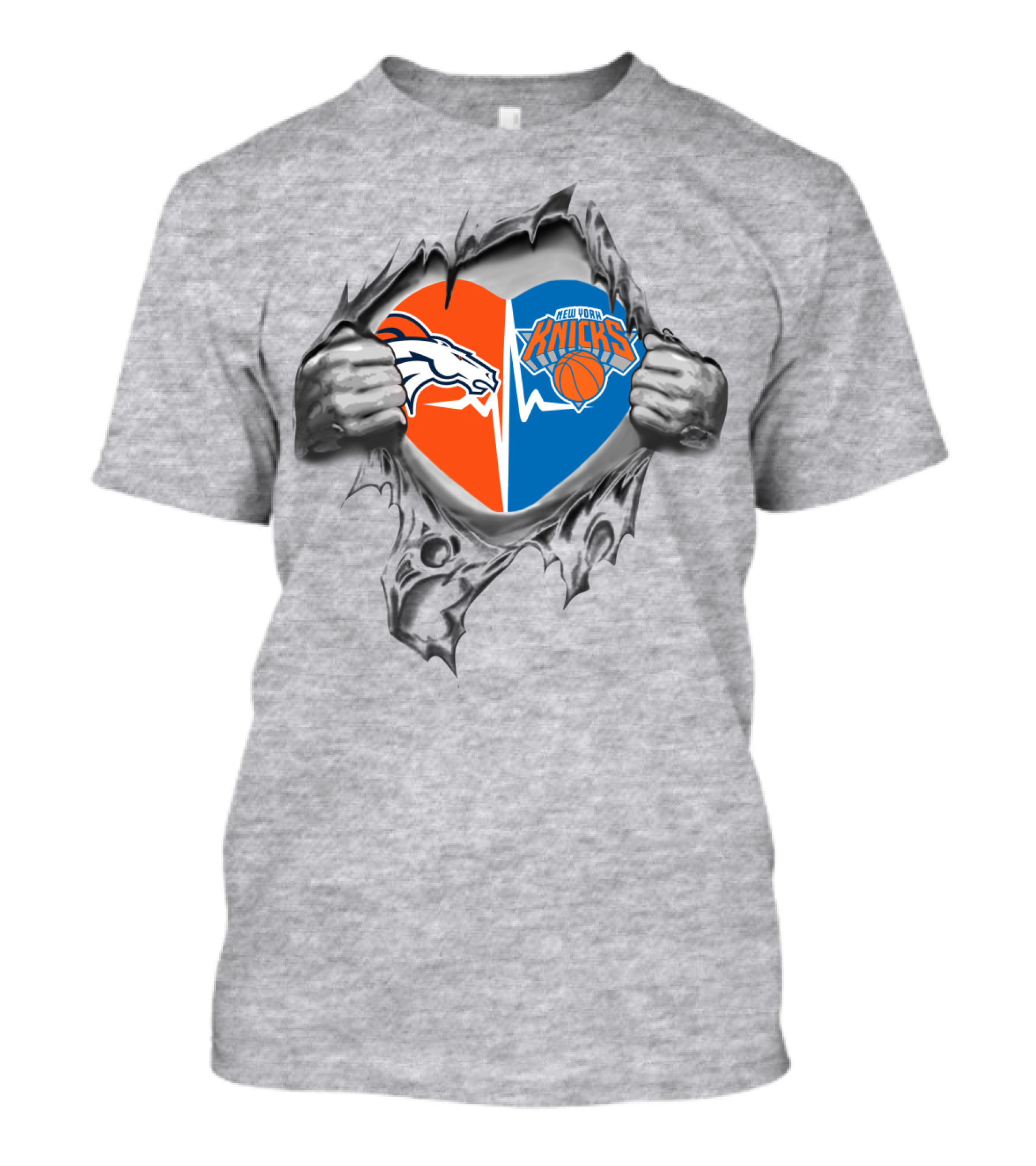 Broncos Knicks Heart Design Featuring Logos And Iconic Ripped Effect T-Shirt