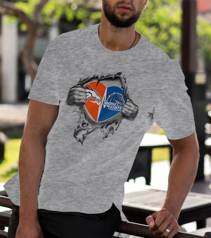 Broncos Boise State Heart Torn Open Hands Logos T-Shirt