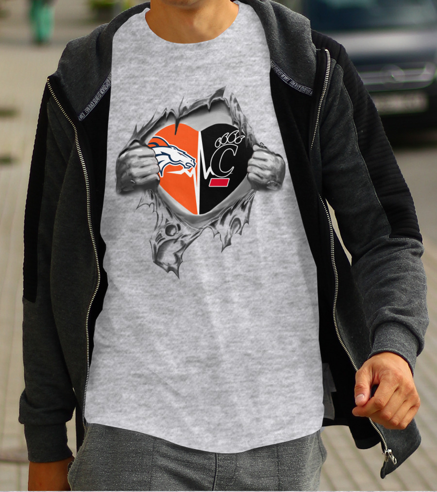 Broncos Bearcats Heart Rip Logo Fusion T-Shirt