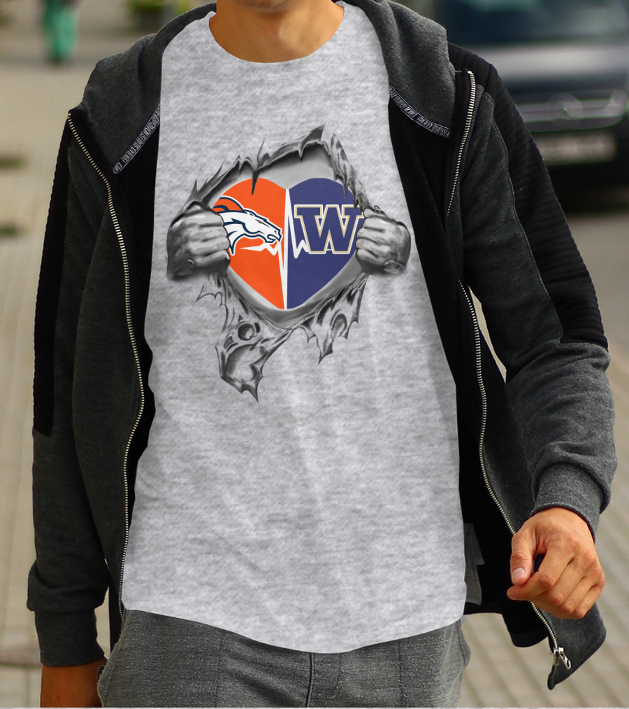 Broncos Huskies Heart Design Split With Logo Elements T-Shirt