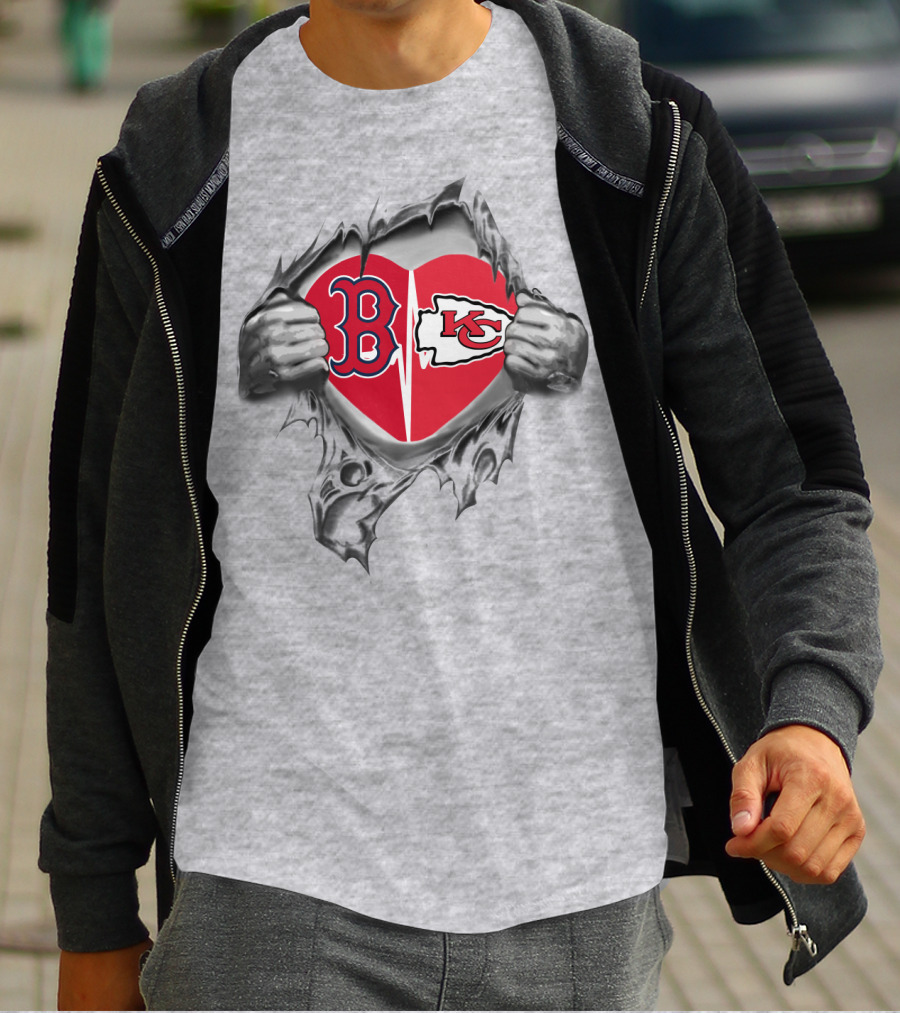 Red Sox And Chiefs Heart Torn Open With B And Kc Logos T-Shirt