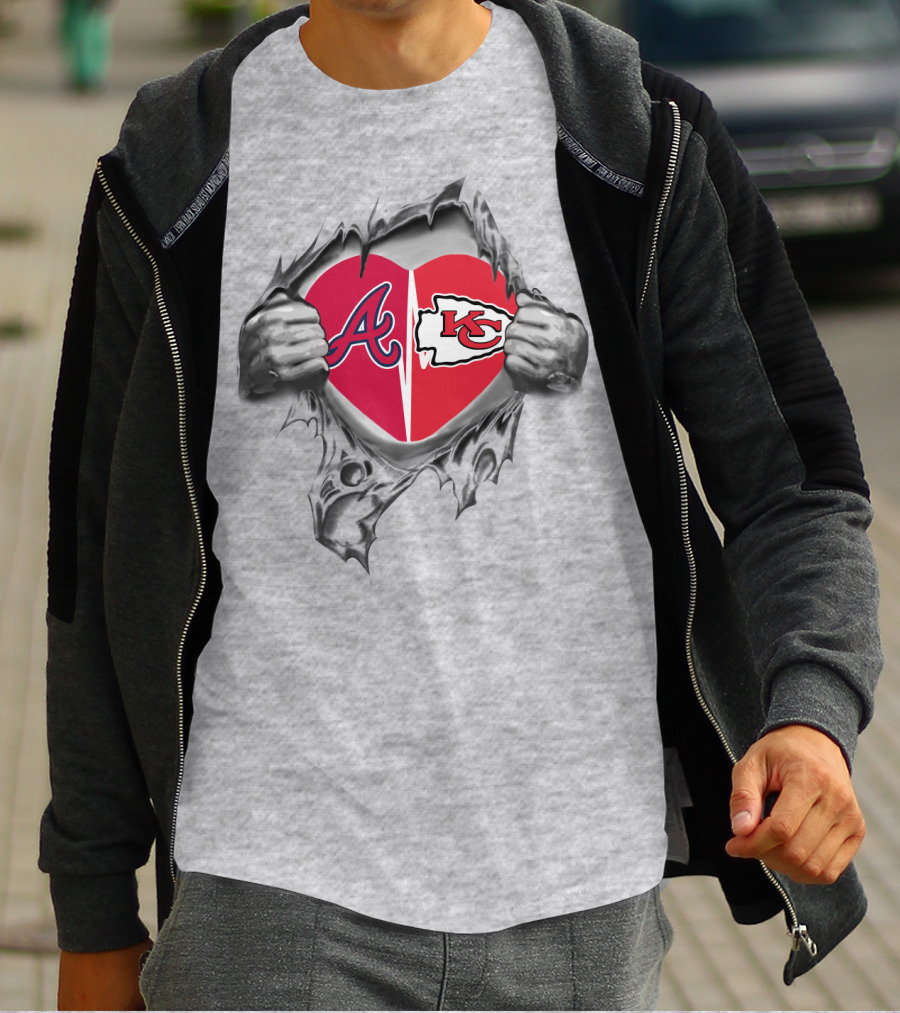 Braves Chiefs Heart Logos Through Torn Fabric T-Shirt