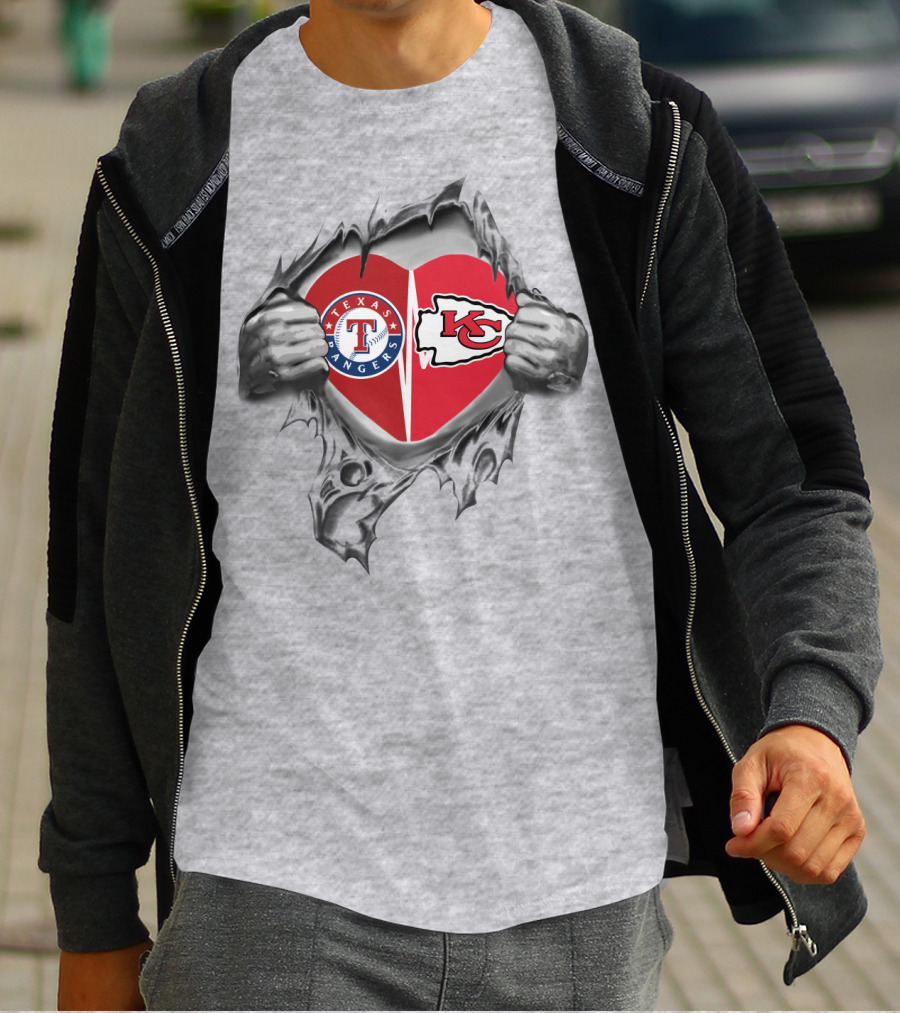Texas Rangers Kansas City Chiefs Heart Logo Combination T-Shirt