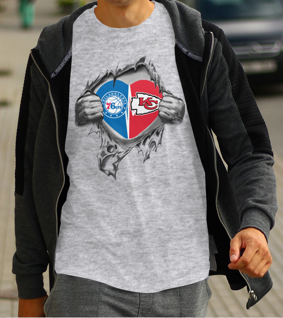 Philadelphia 76ers And Kansas City Chiefs Heart Logo Combination T-Shirt