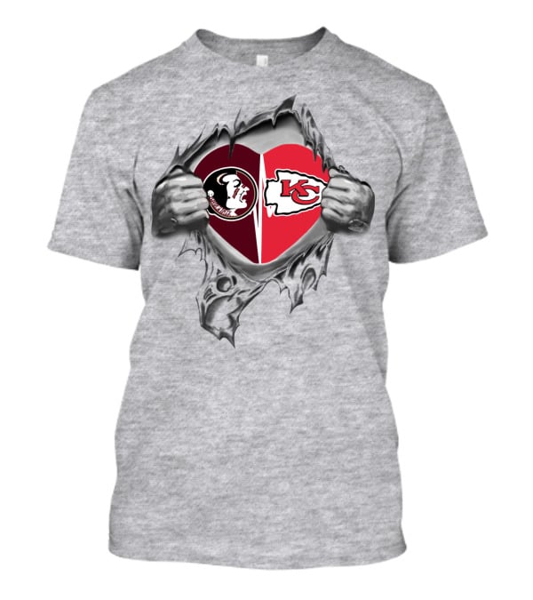 Chiefs Seminoles Heart Symbol Torn Gray Background Hands Peeling T-Shirt