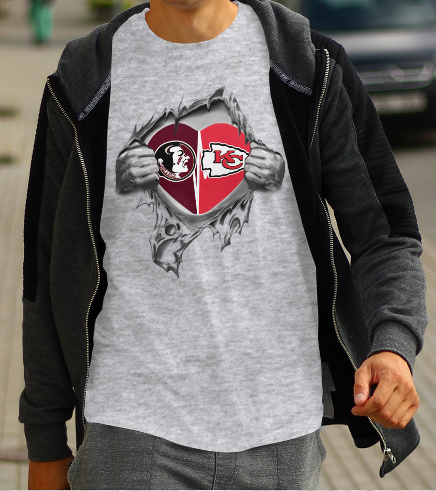 Chiefs Seminoles Heart Symbol Torn Gray Background Hands Peeling T-Shirt
