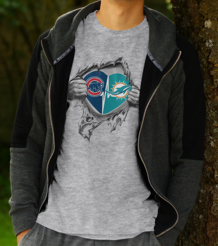 Cubs Dolphins Heartbeat Torn Chest Logo Combination T-Shirt