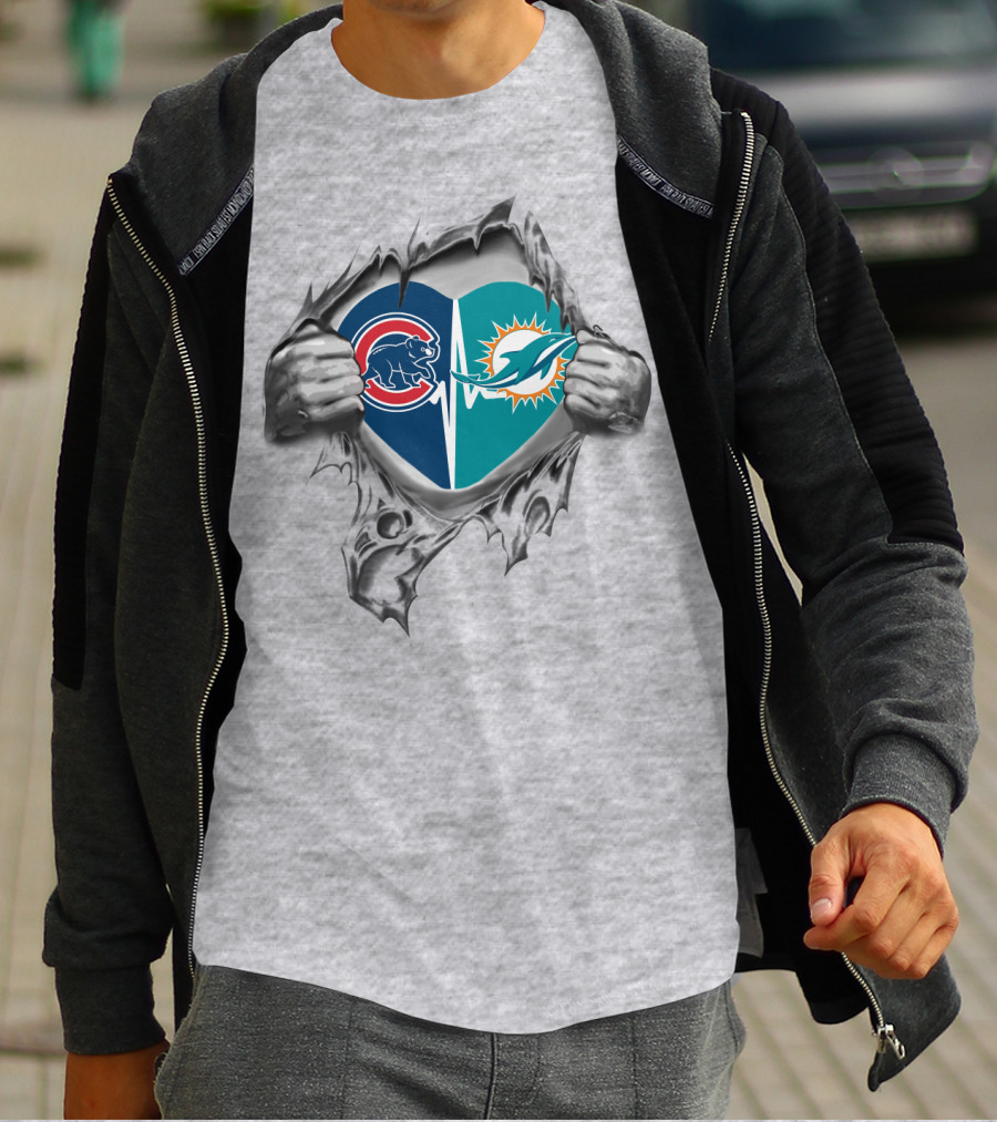 Cubs Dolphins Heartbeat Torn Chest Logo Combination T-Shirt