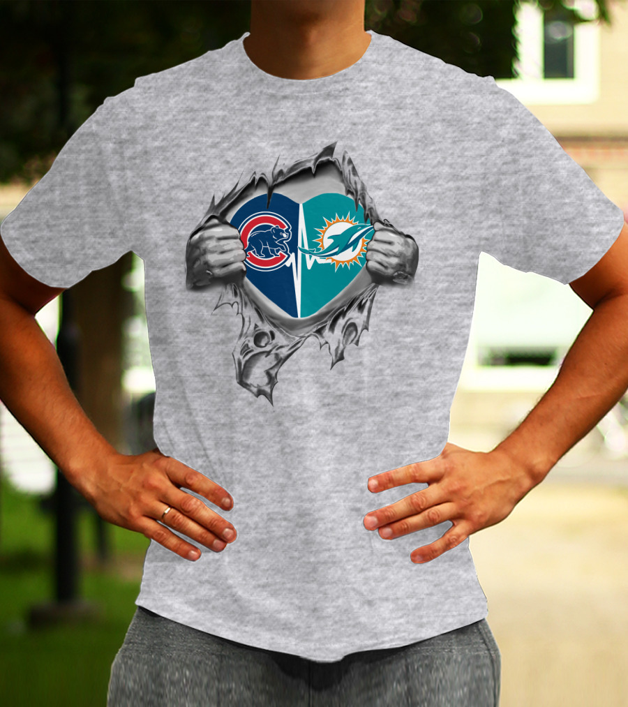 Cubs Dolphins Heartbeat Torn Chest Logo Combination T-Shirt