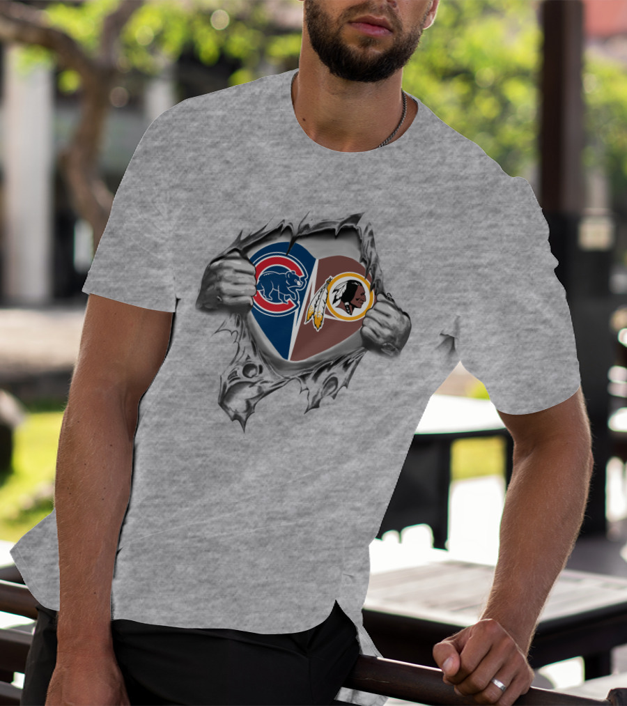 Cubs Redskins Heart With Chicago Bears Elephant And Washington Football Team Native American Logos T-Shirt