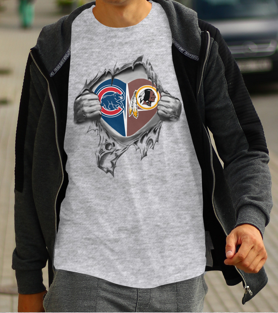 Cubs Redskins Heart With Chicago Bears Elephant And Washington Football Team Native American Logos T-Shirt