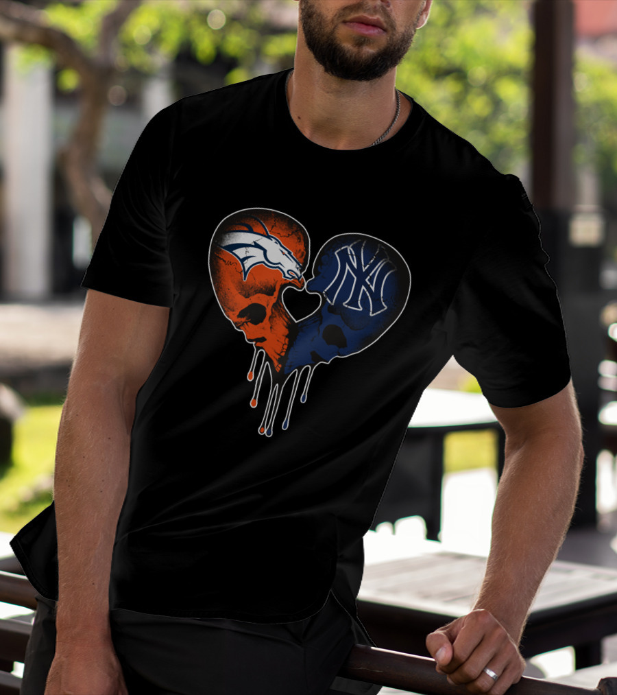 Broncos Yankees Skull Heart Fusion T-Shirt