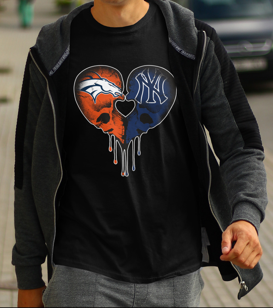 Broncos Yankees Skull Heart Fusion T-Shirt