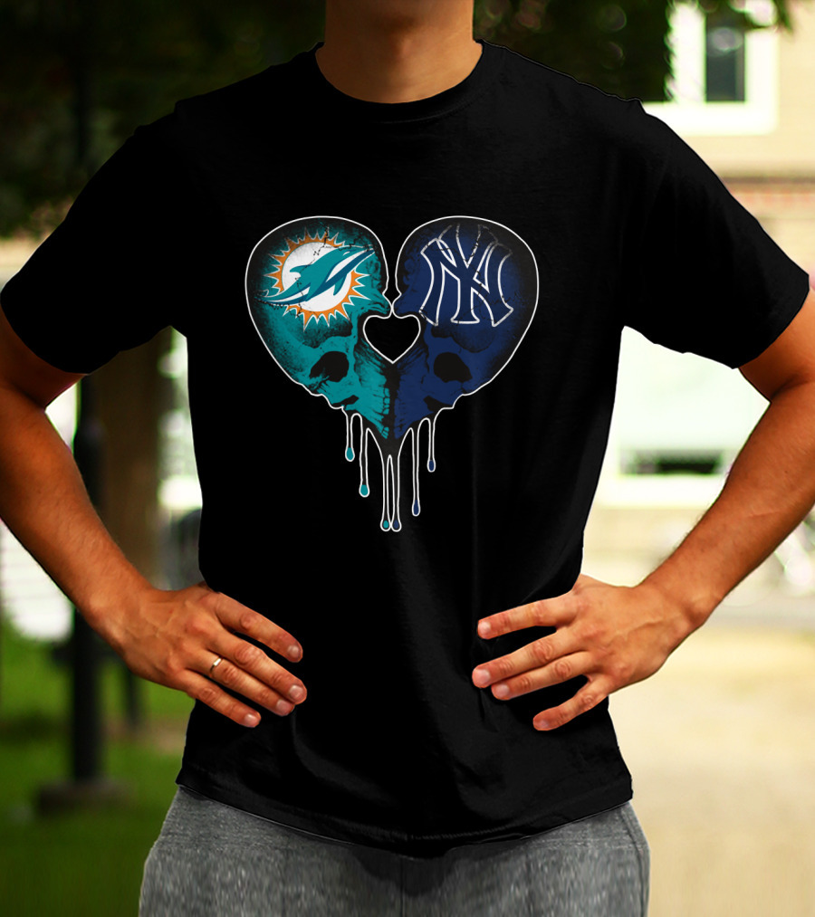 Dolphins Yankees Skull Heart Love T-Shirt