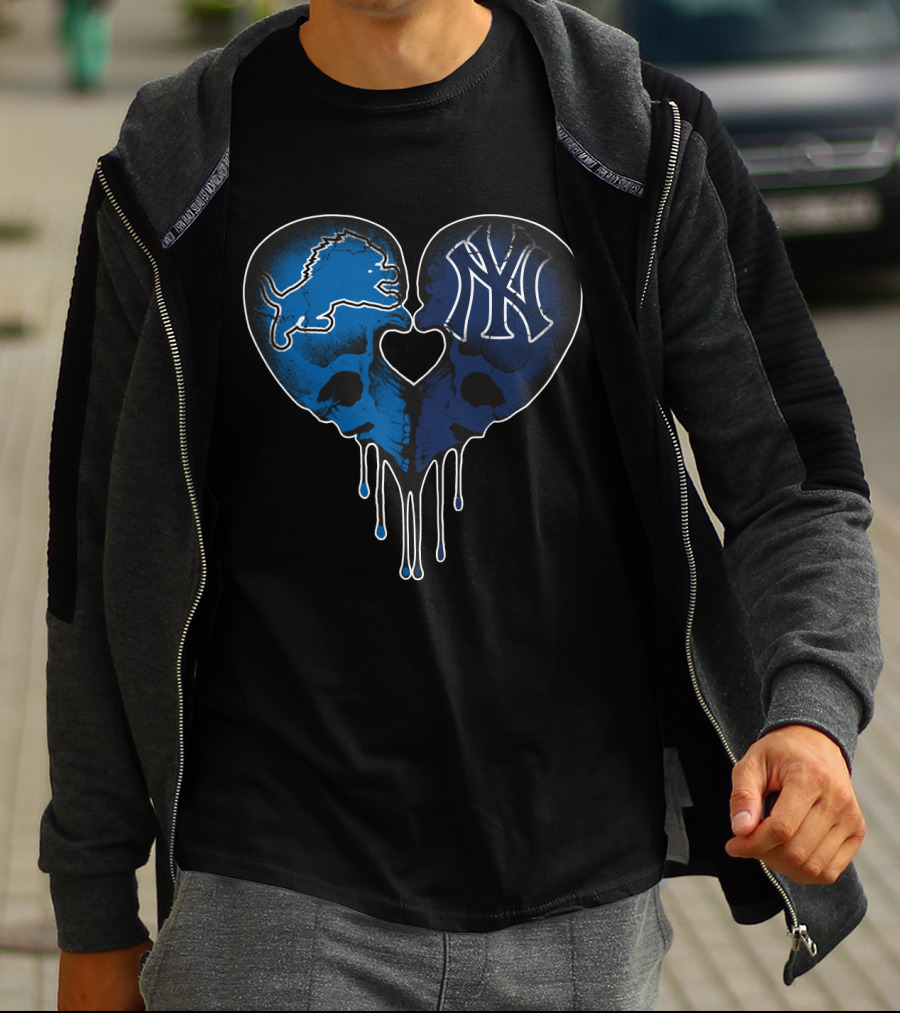 Detroit Lions New York Yankees Skull Heart Fusion T-Shirt