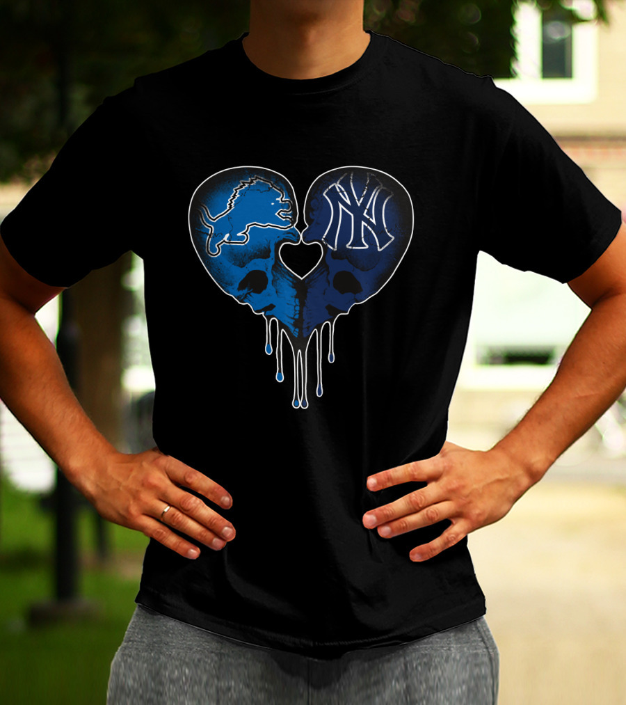 Detroit Lions New York Yankees Skull Heart Fusion T-Shirt