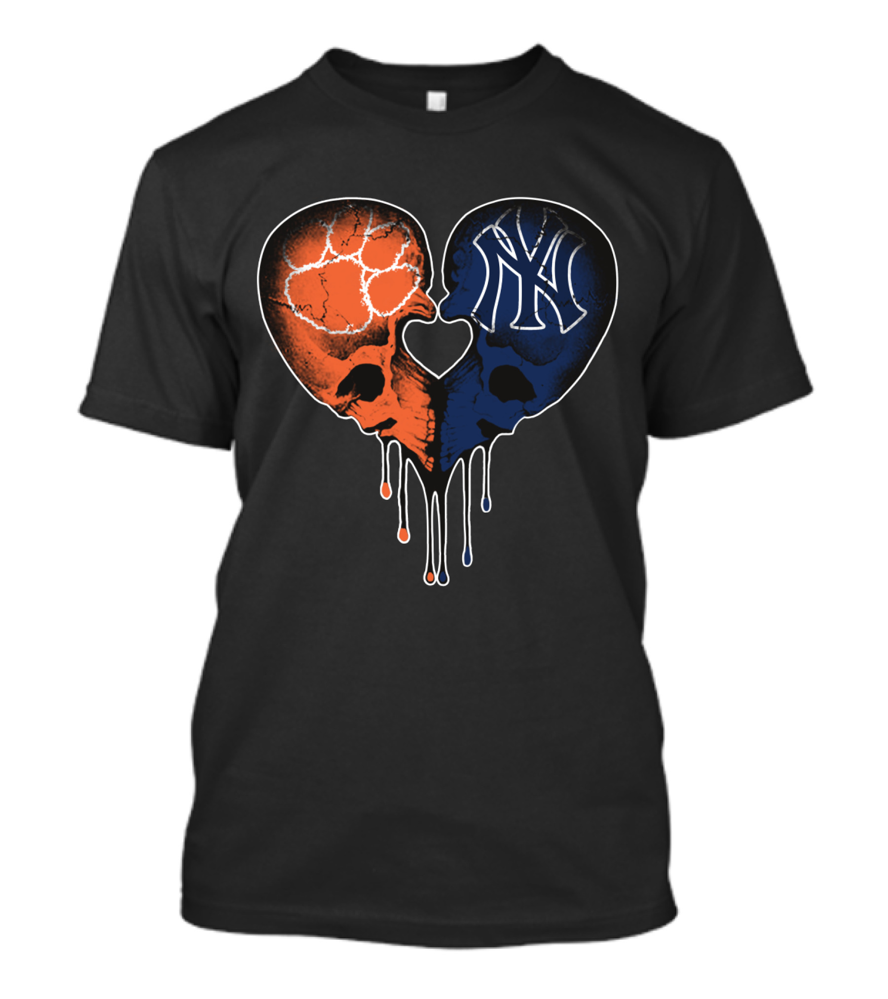 Clemson Tigers Skull And Yankees Skull Heart Love T-Shirt