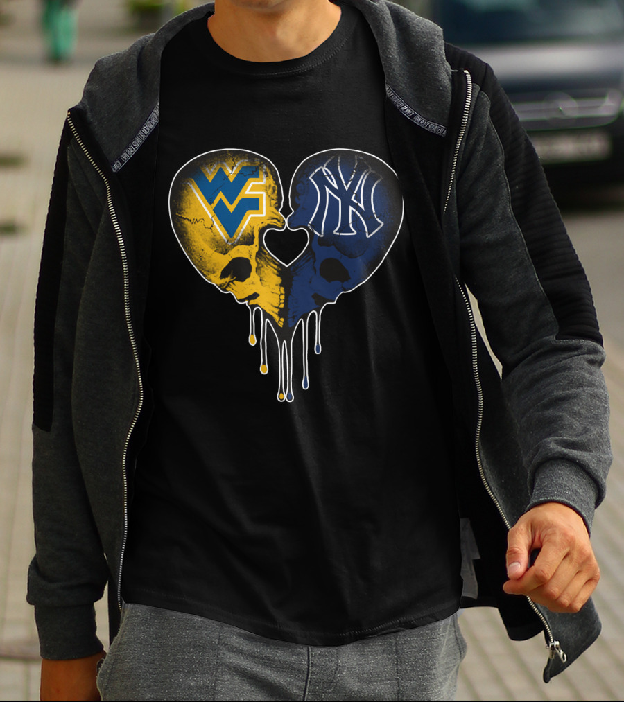 West Virginia Yankees Skull Heart WVU NY Logo Fusion Love T-Shirt