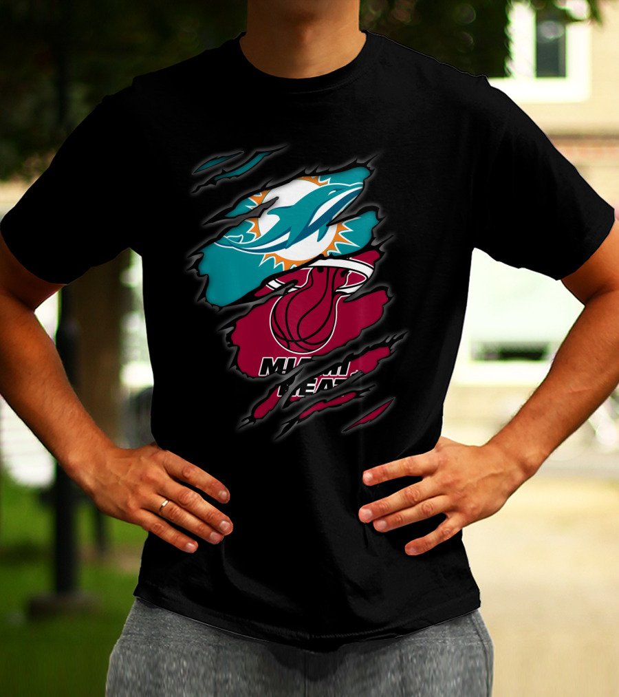 Miami Dolphins Miami Heat Crossover Collaboration Logos T-Shirt