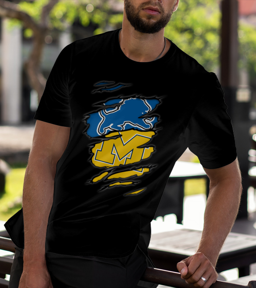 Detroit Lions Michigan Wolverines Football Fan Logo Crossover T-Shirt