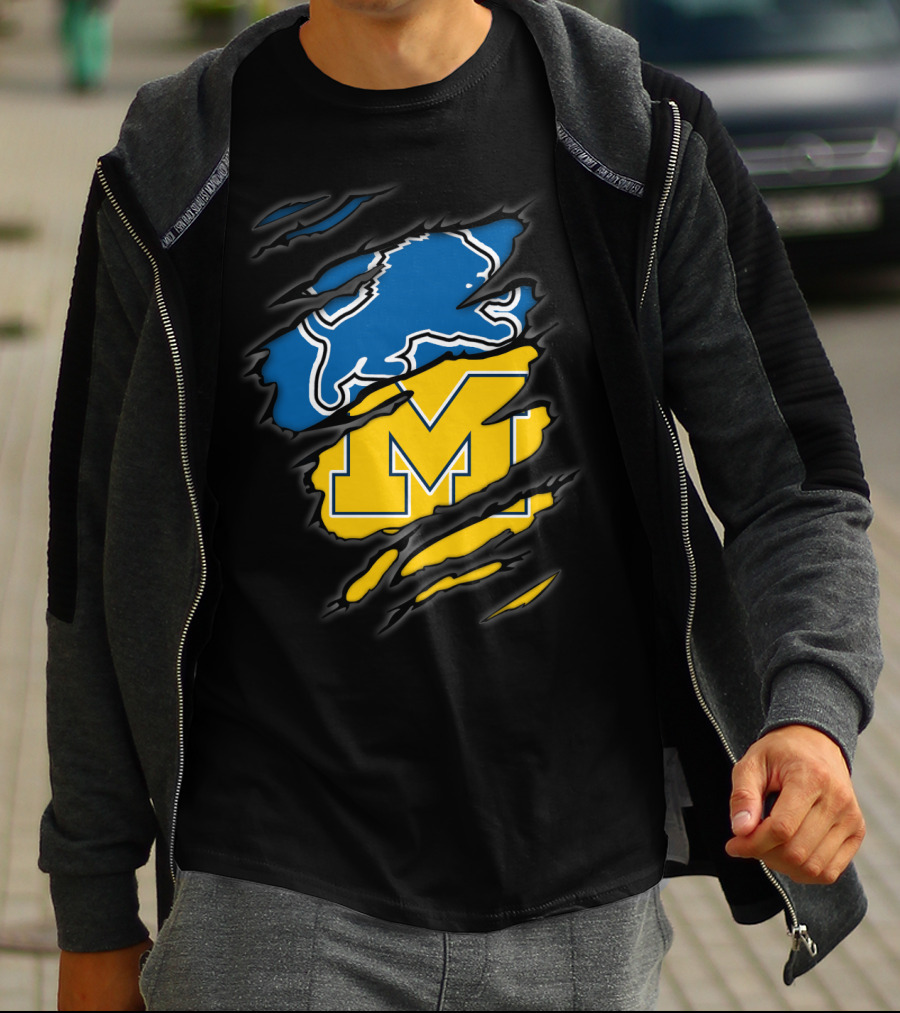 Detroit Lions Michigan Wolverines Football Fan Logo Crossover T-Shirt