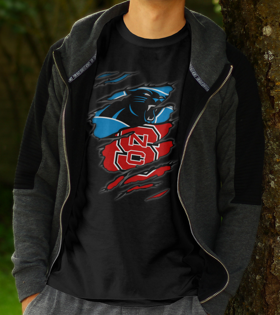 Carolina Panthers Nc State Wolfpack Hybrid Logo Ripped T-Shirt