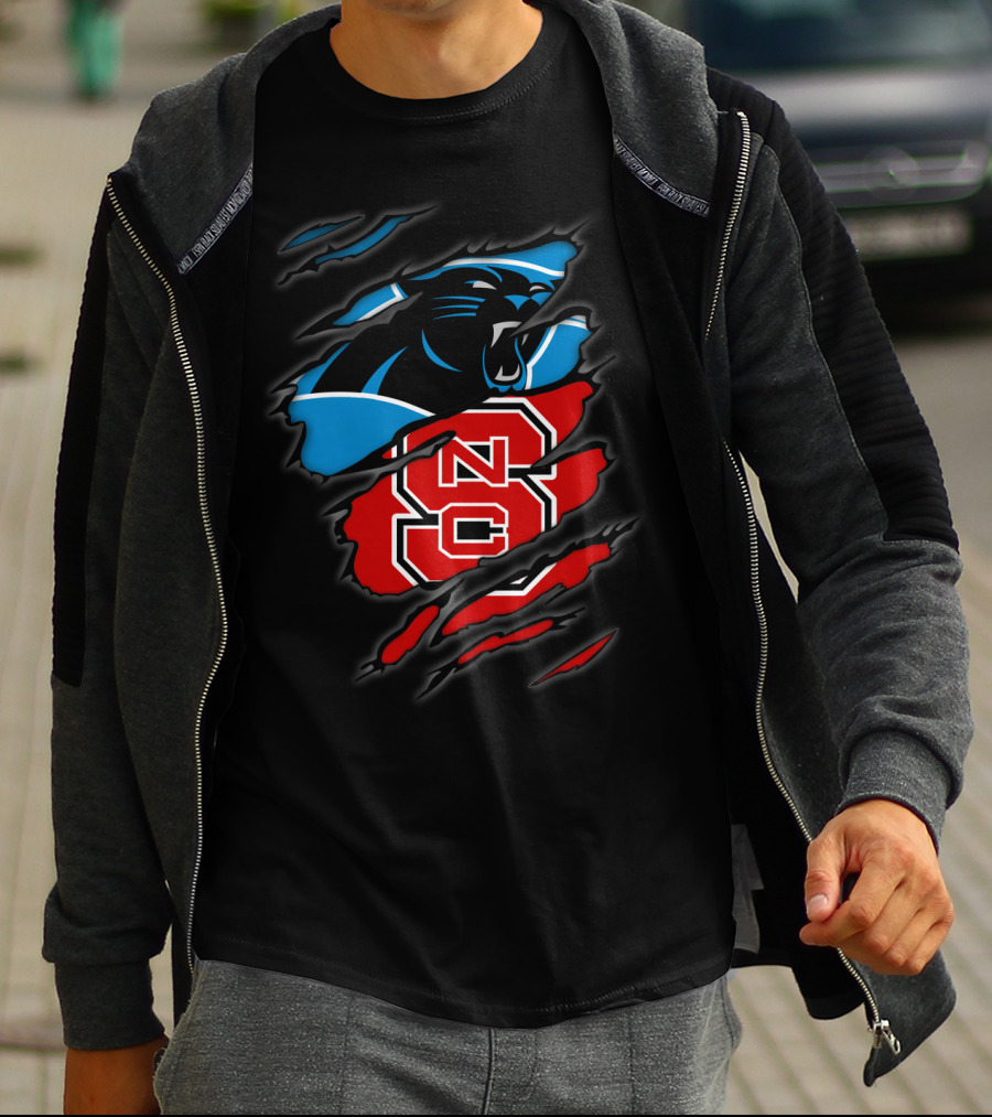 Carolina Panthers Nc State Wolfpack Hybrid Logo Ripped T-Shirt